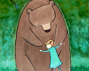 Bear Hug Large Original Kids Art Woodland Nursery Painting Whimsical Childrens Room Decor Baby Artwork Storybook