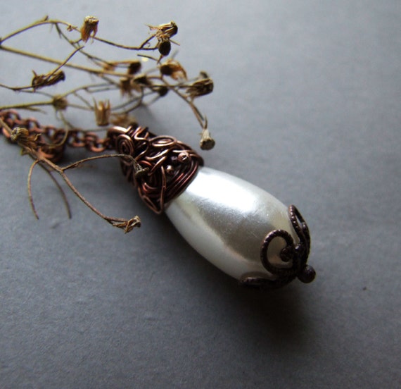 Elvish Pearl Necklace White Pearl Drop Rustic Upcycled