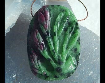 Carved Ruby And Zoisite Gemstone Flower Pendant Bead,45x32x10mm,28.2g(e0790)