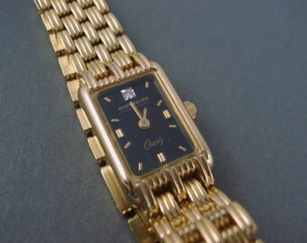 Witthauer Ladies Watch, Gold Tone with Black Face and Diamond Small