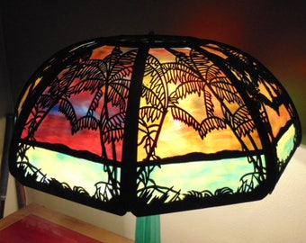 Antique Mission Arts & Crafts Nouveau Tropical Sunset Stained Glass Table Lamp