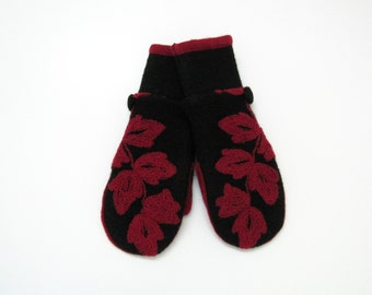 Recycled Wool Mittens Fleece Lined Embroidered Red and Black Felted Wool Sweater Mittens