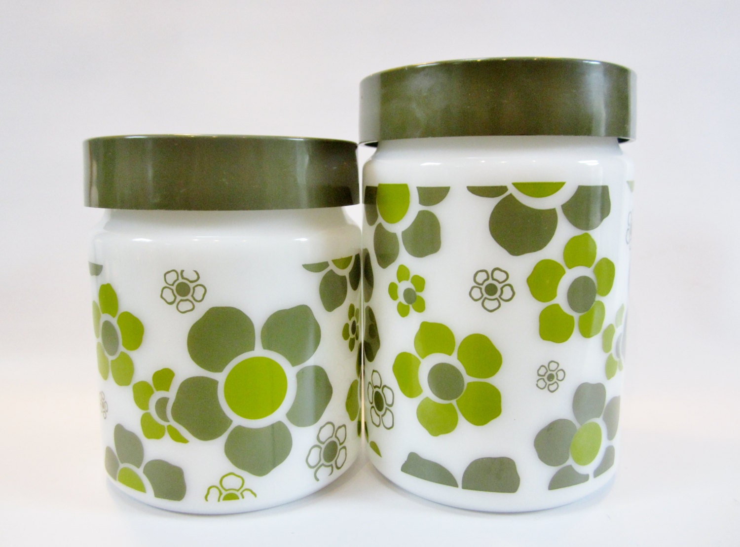 Vintage Canister Set MOD FLOWERS Anchor Hocking Milk Glass