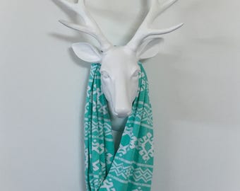 Infinity Scarf - Turquoise & White Aztec Stripe - Cotton Jersey Blend Knit