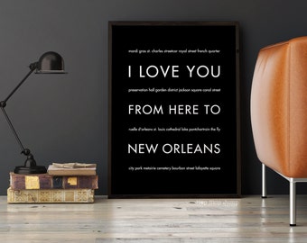 New Orleans Art Print, New Orleans Decor, NOLA Gift, Louisiana, Travel Poster, Mardi Gra Gift, I Love You From Here To New O