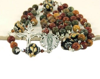 Our Lady of Guadalupe Rosary, Jasper Gemstone Beads, Handmade in New Zealand