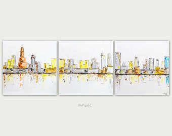 Original Colorful Chicago Abstract Art, Urban Modern painting ,Textured Painting, Home Decor, Oil on Canvas, Chicago Three Canvas Skyline