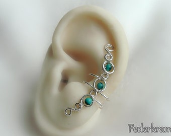 Green Malachite ear cuff silver plated, for left or right ear. nickel-free clip on, no piercing