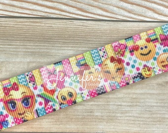Emoji Ribbon, 7/8" Ribbon, Emoji Ribbon, Smiley Face Ribbon, Emoji Bow, Hearts, Ribbon by The Yard, Ribbon for Bows, Hair Bow Supply