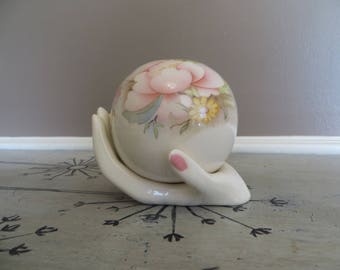 Vintage Dyer Ceramic Pottery Orb Vase on top of a Hand Lady Head Vase Rose Vase Bud Vase Pottery Vase Pink and Blue