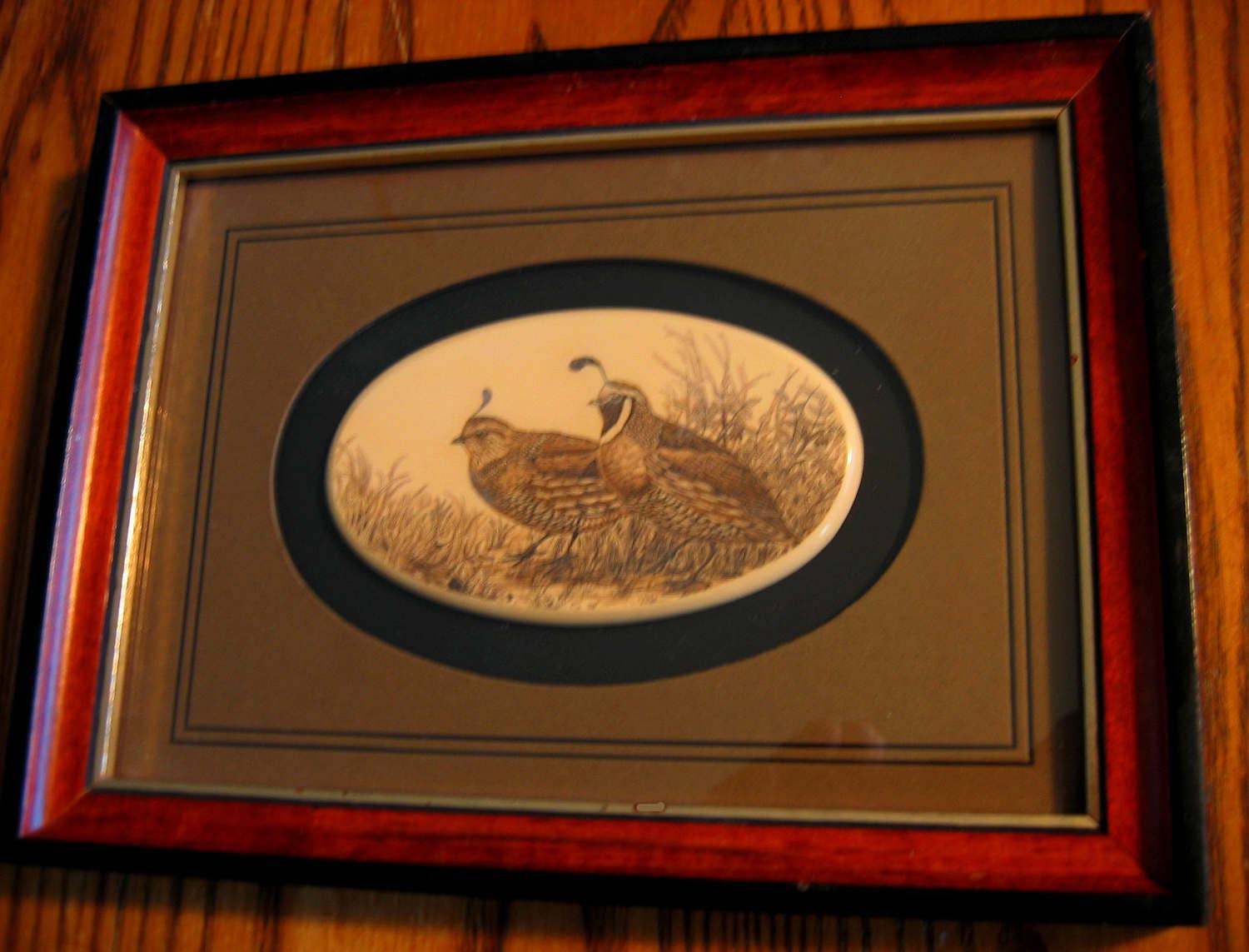 VINTAGE Stephen Barlow Scrimshaw QUAIL PAIR polymer Framed