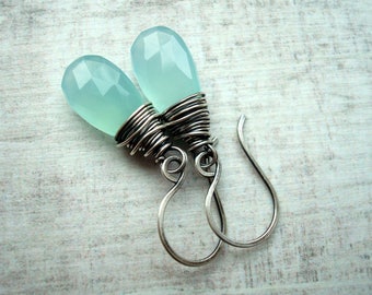 Chalcedony earrings - Aqua earrings - Simple earrings - Mint green earrings - Sterling silver earrings - Wire wrapped - Gift for her