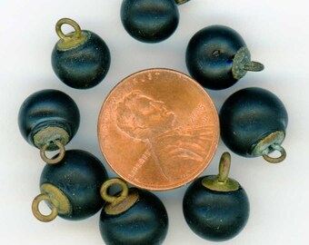 8 Vintage Black Satin Glass Ball Buttons in 2 sizes ~ 4 @ 7/16 inch 11mm ~ 4 Diminutives @ 3/8 inch 10mm ~ Matte Black Glass Sewing Buttons