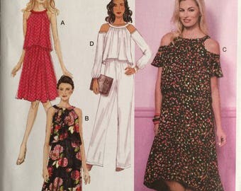 Butterick B6452, Size 6-8-10-12-14, Misses' Dress and Jumpsuit Pattern, UNCUT, Fitted, 2017, Cold Shoulder, Halter Style, Wedding, Party