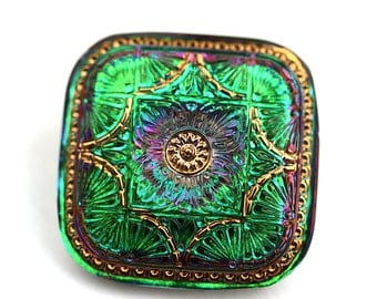 33mm Large Square Glass Button, Iridescent Green Purple, Golden Ornament Handmade Czech Button bead, size 18, 1pc - 1405
