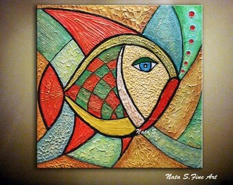 Original Fish Painting, Modern Textured Art, Abstract Painting, Colorful Sculptural Artwork, Wall Art Painting Large Artwork 24"x24"- Nata S
