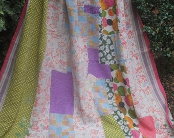 Pastel Kantha, Sari blanket, kantha throw, Vintage kantha quilt, Sari throw, Kantha blanket,Pretty Pastel Patchwork kantha quilt,