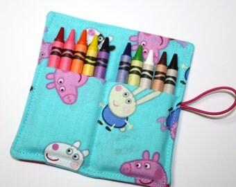Peppa the Pig Birthday Party Crayon Rolls Party Favors, made from Peppa Pig fabric, Peppa Birthday Party Favors Crayon Holders, FAST SHIP!