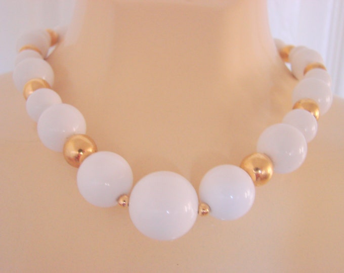 Vintage Monet White Lucite Goldtone Bead Necklace Designer Signed Jewelry Jewellery