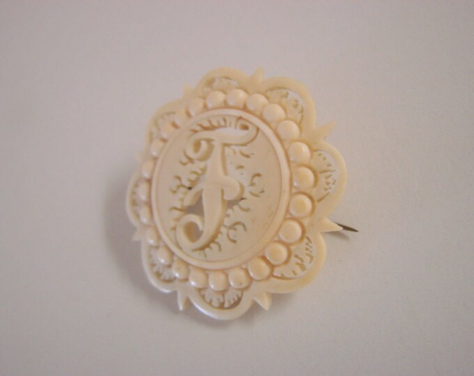 Delicate Intricate Antique Floral Hand Carved Lace Bone Brooch "F" Monogram Vintage Jewelry Jewellery