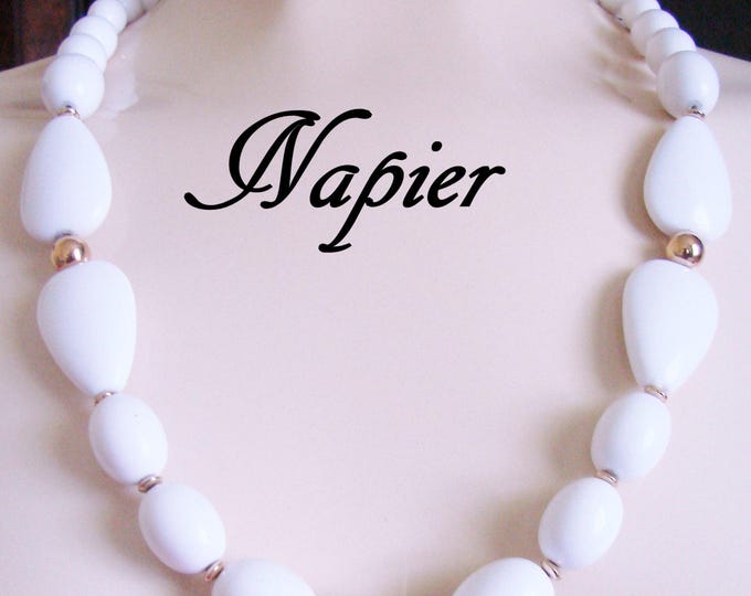 80s Vintage Napier White Lucite Bead Necklace / Designer Signed / Goldtone Beads / Vintage Jewelry / Jewellery