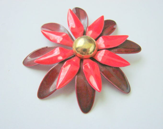 Large Floral Red Enamel Brooch / 1960s Enamel Brooch / Mid Century / Vintage Jewelry / Jewellery