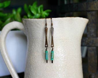 Turquoise Bead Earrings, Mixed Media Earrings, Mixed Media Jewelry, Beaded Earrings, Beaded Jewelry, Long Bohemian, Metal Earrings