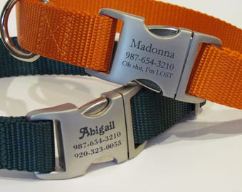 Engraved Dog Collar - Personalized Buckle With Pets Name And Number Adjustable And Hand made In The USA - Custom Dog Collar