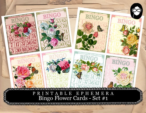 Bingo Cards Flowers Set #1 - 2 Pg Instant Download - bingo digital roses floral, project life kit, mixed media art kit, junk journal supply
