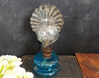 Antique French Oil Lamp, Scallop shell, Camino de Santiago Pilgrim's Kerosene Lamp. Wall hanging oil lamp, Blue glass
