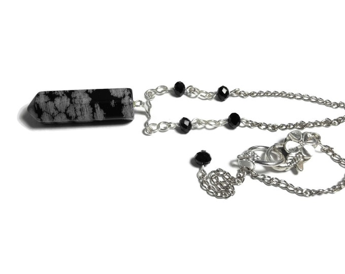 FREE SHIPPING Snowflake Obsidian necklace, bullet pendant, black Swarovski crystals, infinity connectors, silver plated chain, gemstone