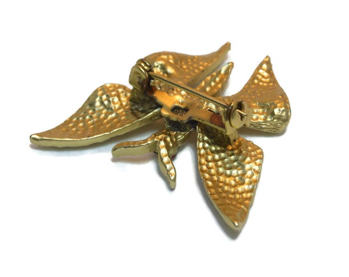 FREE SHIPPING Gold butterfly brooch, small brooch with red rhinestone eyes and a pearl head, finely textured pin