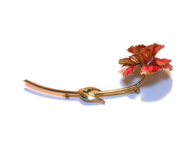 FREE SHIPPING Pink rose brooch, enamel redish pink rose, gold tone stem, rose pin 1960's, rhinestone center, gold tipped petals