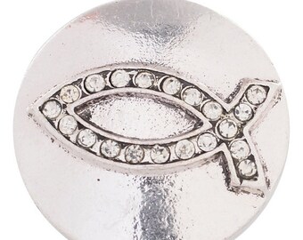 1 PC 18MM Ichthys Fish Christian Rhinestone Silver Candy Snap Charm KC8567 Cc2860