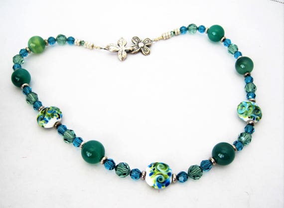 Green Glass Bead Choker - 925 Clasp - Vintage Painted Beads - Faceted Aqua Crystal Spacers