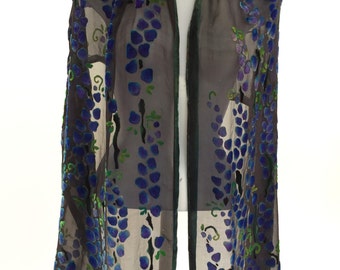 Hand Painted Black Velvet Shawl, Silk Scarf, Silk Shawl, Wrap, Hand Dyed, Pussy-Willows in Black and Purple