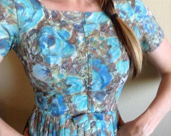 Vintage, Aqua Blue Dress, 50's Dress, Floral Bouquet, Pleated Skirt, Body Con, Bombshell, Size S