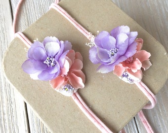 Violet Lavender and Coral Pink Jersey Knit Tieback Headband for Baby Girl - Newborn, Baby, Toddler, Child - Ready to Ship