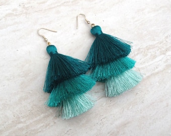 Silk Tassel Stack Earrings Teal Aqua Ombre Combo Tassle Earrings Festival Tassel Earrings Tassle Earings BOHO Earrings Summer Jewelry