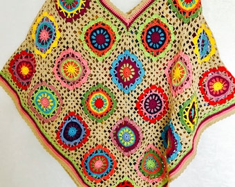 Crochet Poncho | Boho Style Ponch | Hippie Outfit Fahion | Colourful Crochet Poncho | Hippie Patchwork | Handmade |100 cotton-merserized