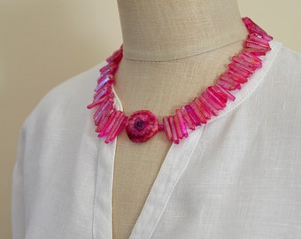 Raw crystal necklace Bright pink solar quartz Crystal point Crystal spike bib statement necklace Fuchsia spike necklace Stalactite slice