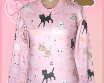 Kawaii Cat Sweater Fairy Kei Cat Sweatshirt Pastel Cat Jumper Kitten Kitty Pattern Cute Size XS Through 3XL *Made 2 Order*