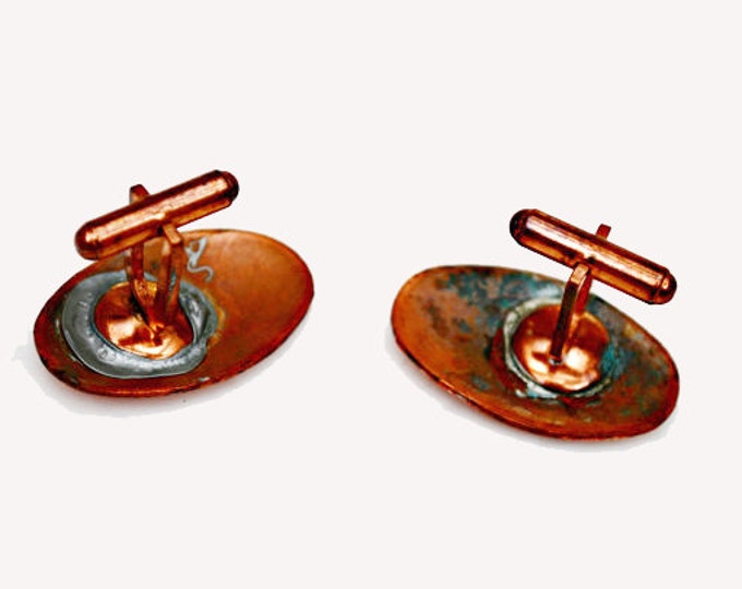 Red enamel Copper Cuff links - mid century modernistic - white red enamel swirl - oval cuff links