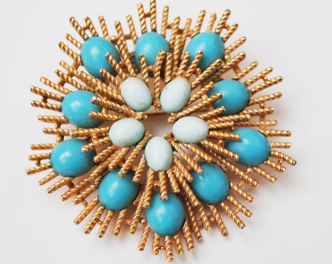 Avon Atomic Flower Brooch - turquoise Blue robin egg cabochon - Atomic Starburst Pin