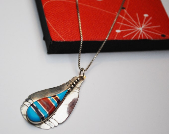 Sterling Turquoise Coral Necklace - Gemstone inlay - Native American Pendant - Sterling Chain Italy necklace