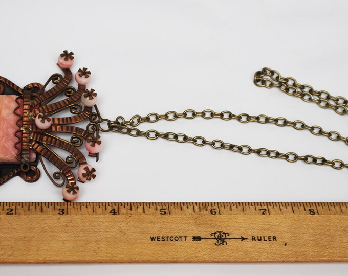 Copper Agate Mask Necklace - Signed Mexico - Tribal Aztec - Pink dyed agate Onyx gemstone -Face headdress pendant