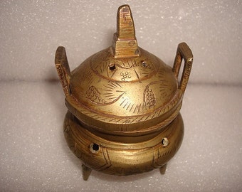 Vintage Chinese Etched Brass Lidded Incense Burner