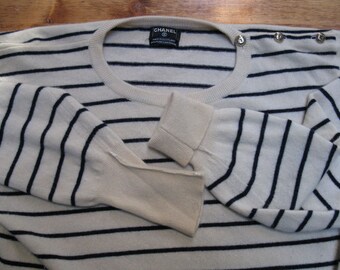 Authentic 1980's CHANEL Cashmere Pullover Jumper Navy Cream Nautical Stripe Unisex Sweater