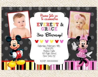 Mickey Mouse and Minnie Mouse TWIN Birthday Invitations, Mickey and Minnie Invitations