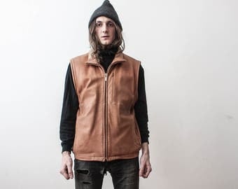 Leather WaistCoat Vintage Vest 1980s Beige Leather Jacket Boho Outerwear Spring